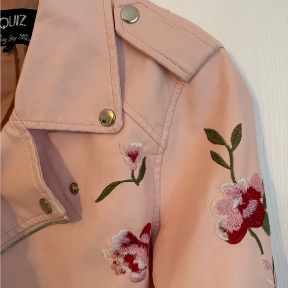 Kids 12 Pink Floral Embroidered faux leather  Jacket - Picture 6 of 8